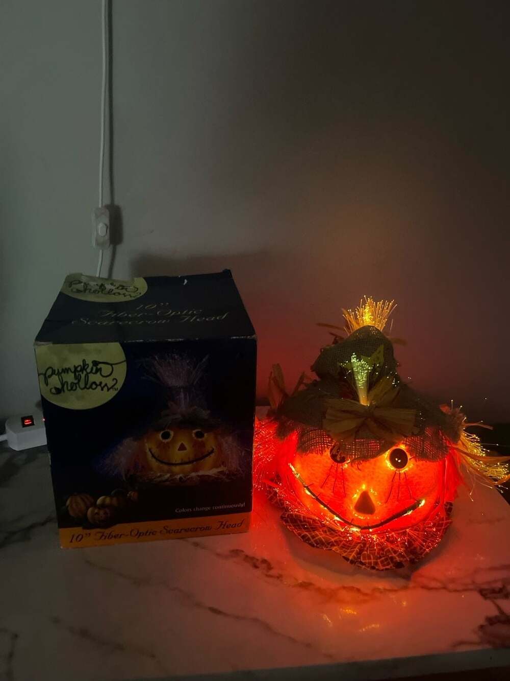 Pumpkin Hollow 10-inch Fiber-Optic Scarecrow Head Halloween Decoration Boxed